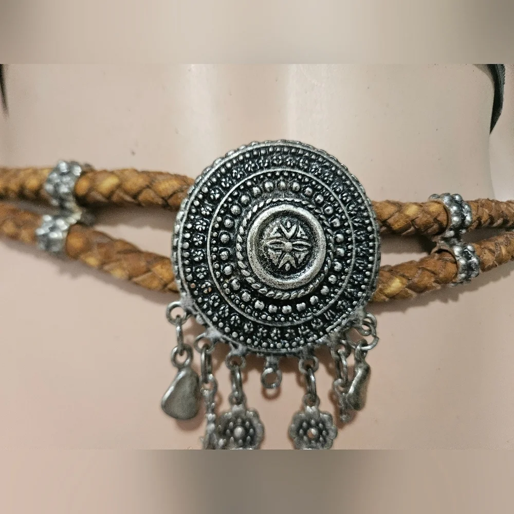 Vintage Made in Italy Braided Leather Medallion Belt – Artisan Statement Piece